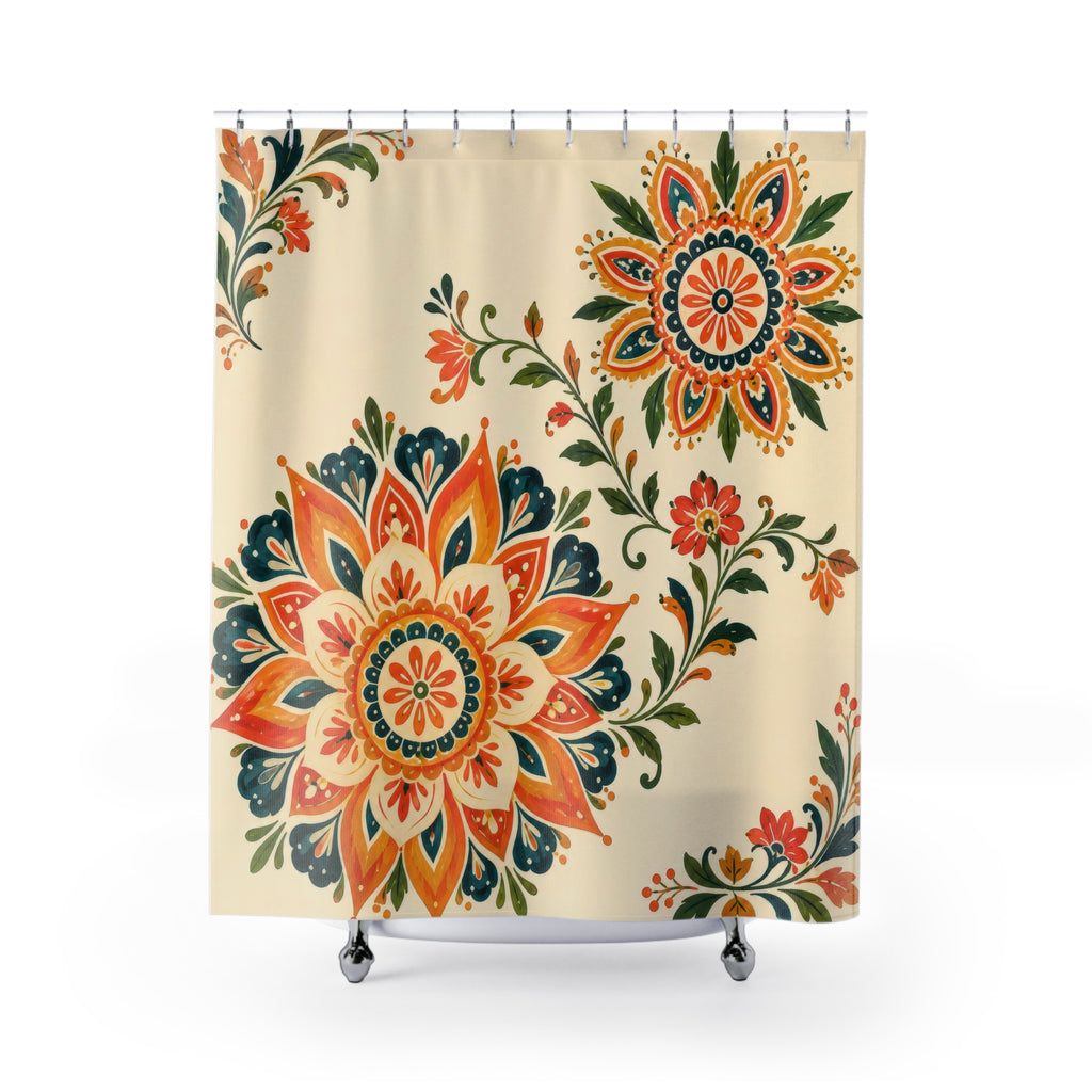 Twin floral sunbursts on warm cream shower curtain with full front view
