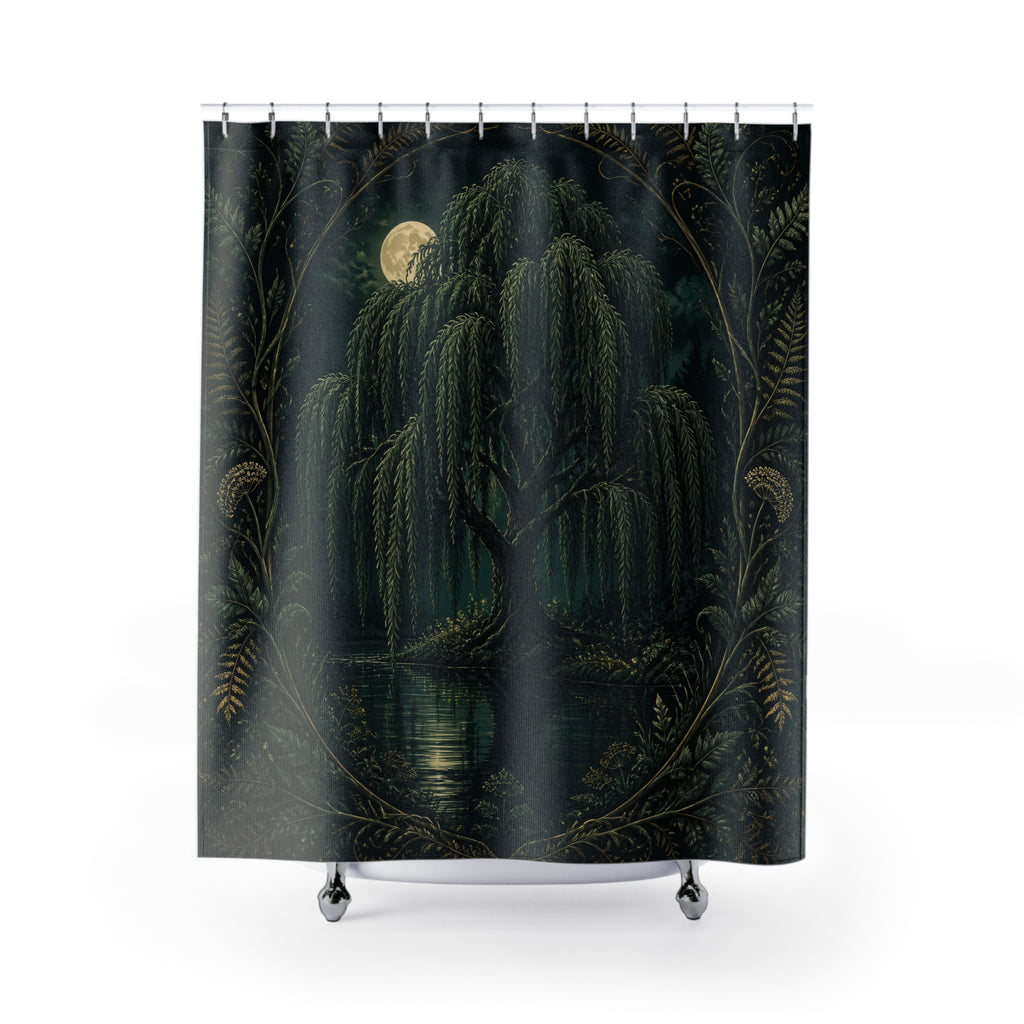 Moonlit willow tree and pond in a botanical frame shower curtain with full front view