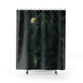 Moonlit willow tree and pond in a botanical frame shower curtain with full front view