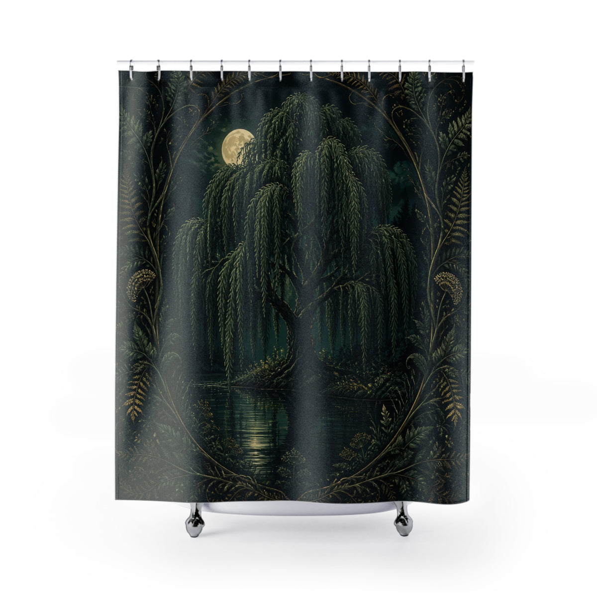 Moonlit willow tree and pond in a botanical frame shower curtain with full front view