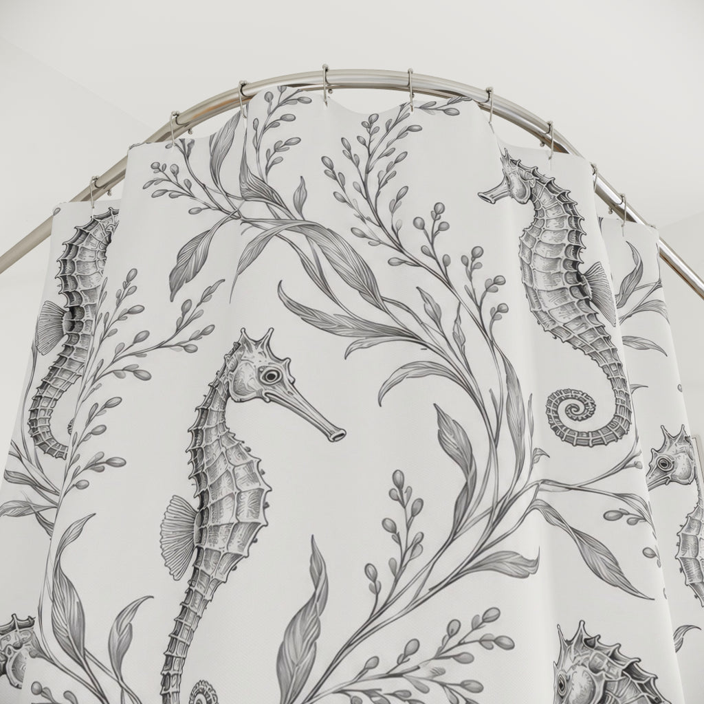 Silver seahorses among fine gray seaweed fronds shower curtain with close-up print, hooks, and folds