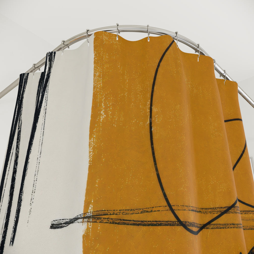 Mustard Abstract Shower Curtain, Black and Beige Botanical Line Art, Modern Minimalist Bathroom Decor, Artsy Ochre Guest Bath Curtain