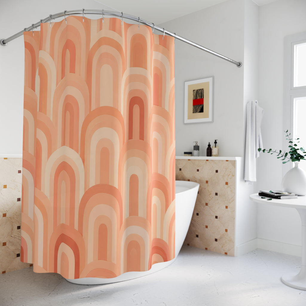 Peachy apricot and cream arches shower curtain beside a freestanding tub