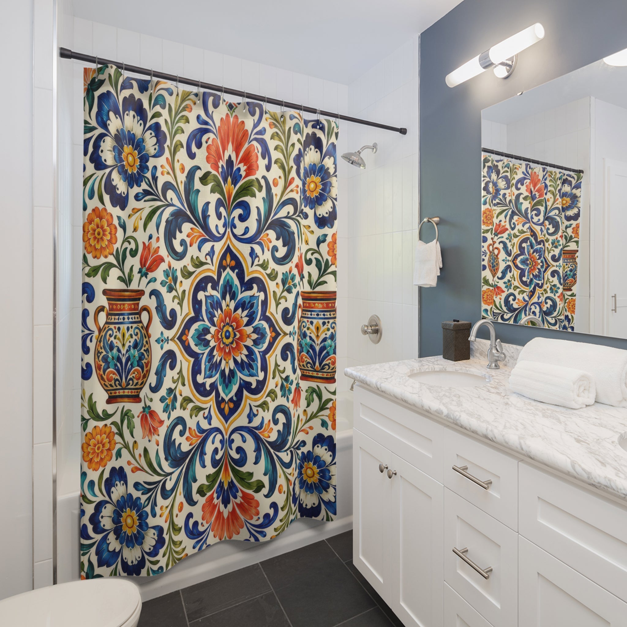 Mexican Floral Shower Curtain: Blue Orange Talavera Tile