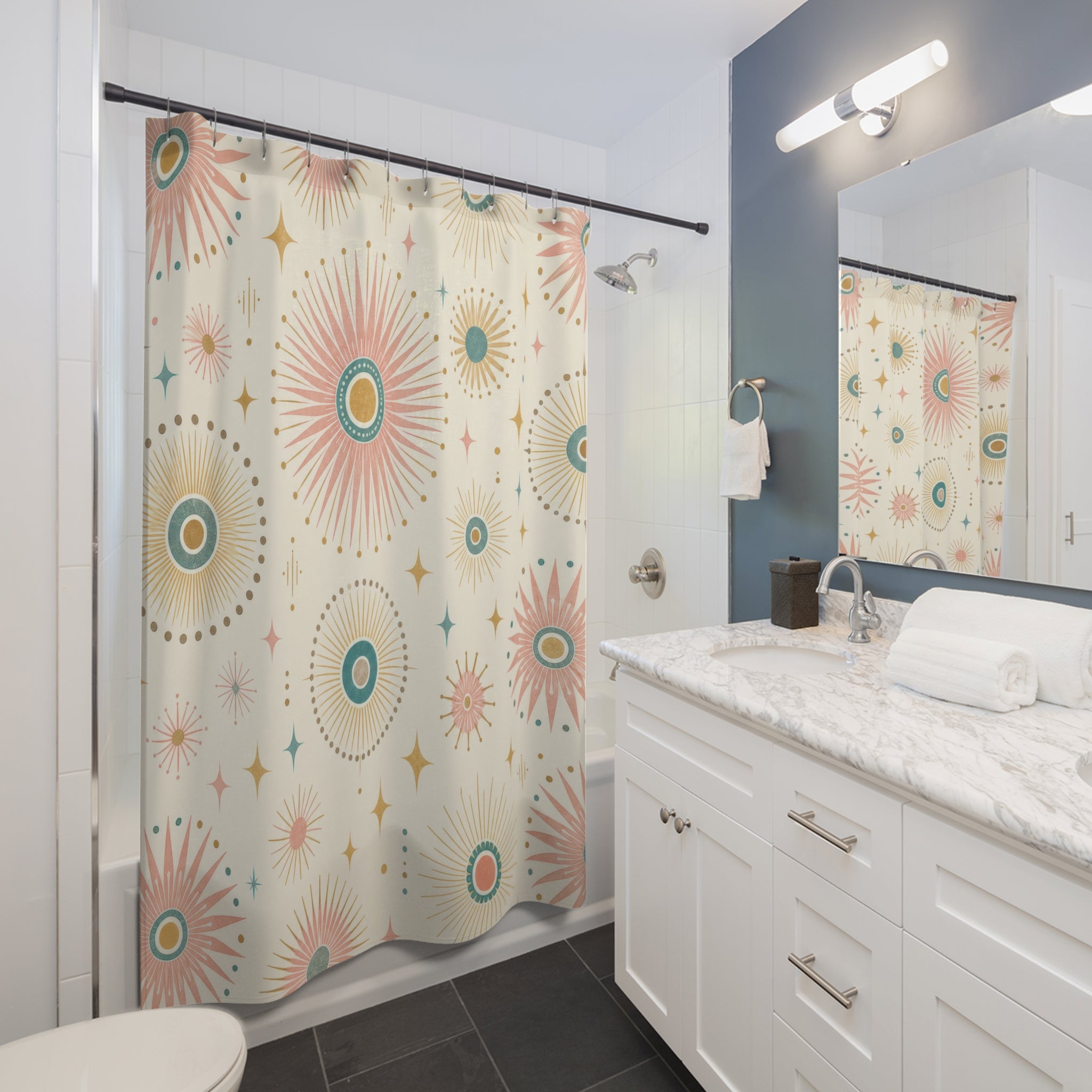 Retro Shower Curtain, Atomic Sunburst Circle Pattern, Teal Coral Mid Century Bathroom Decor, Guest Bath Wall Gift Idea For Home Style