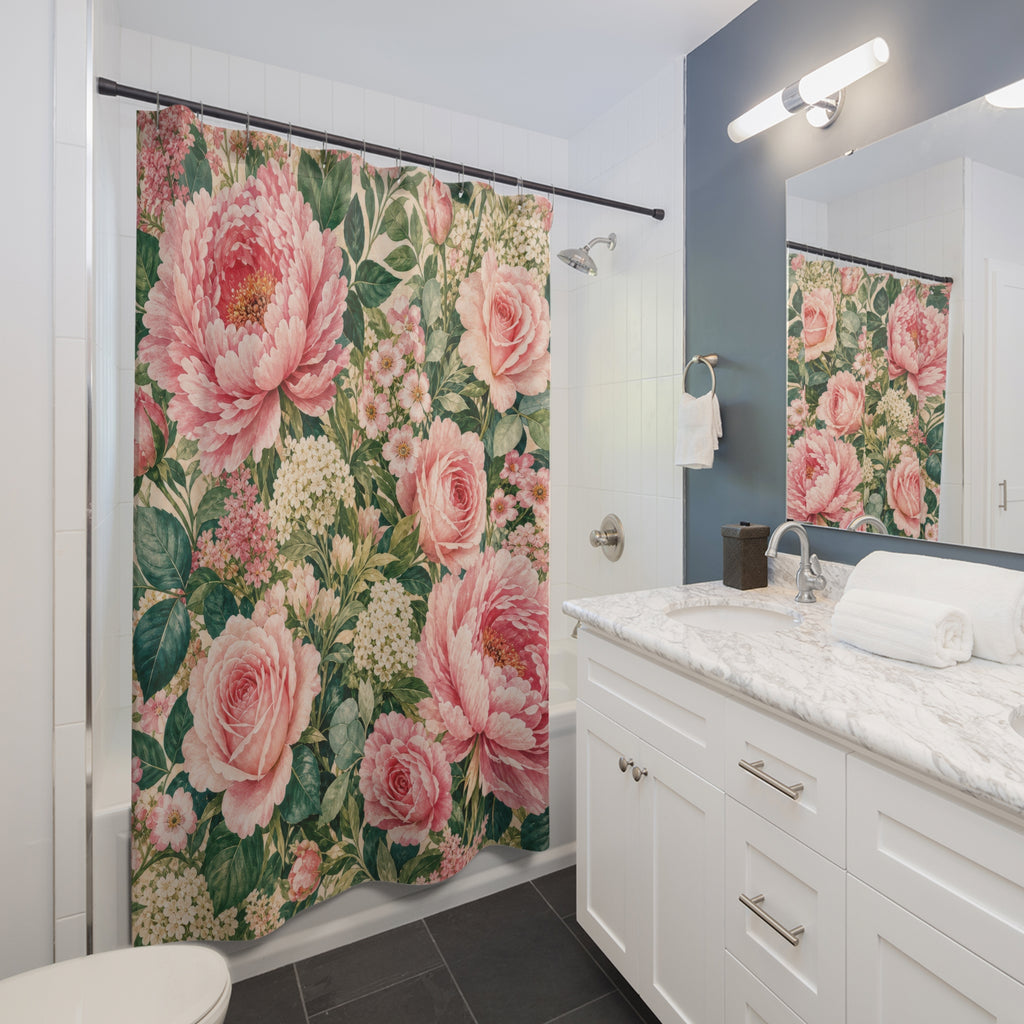 Green and Pink Shower Curtain: Rose Floral Botanical Pattern