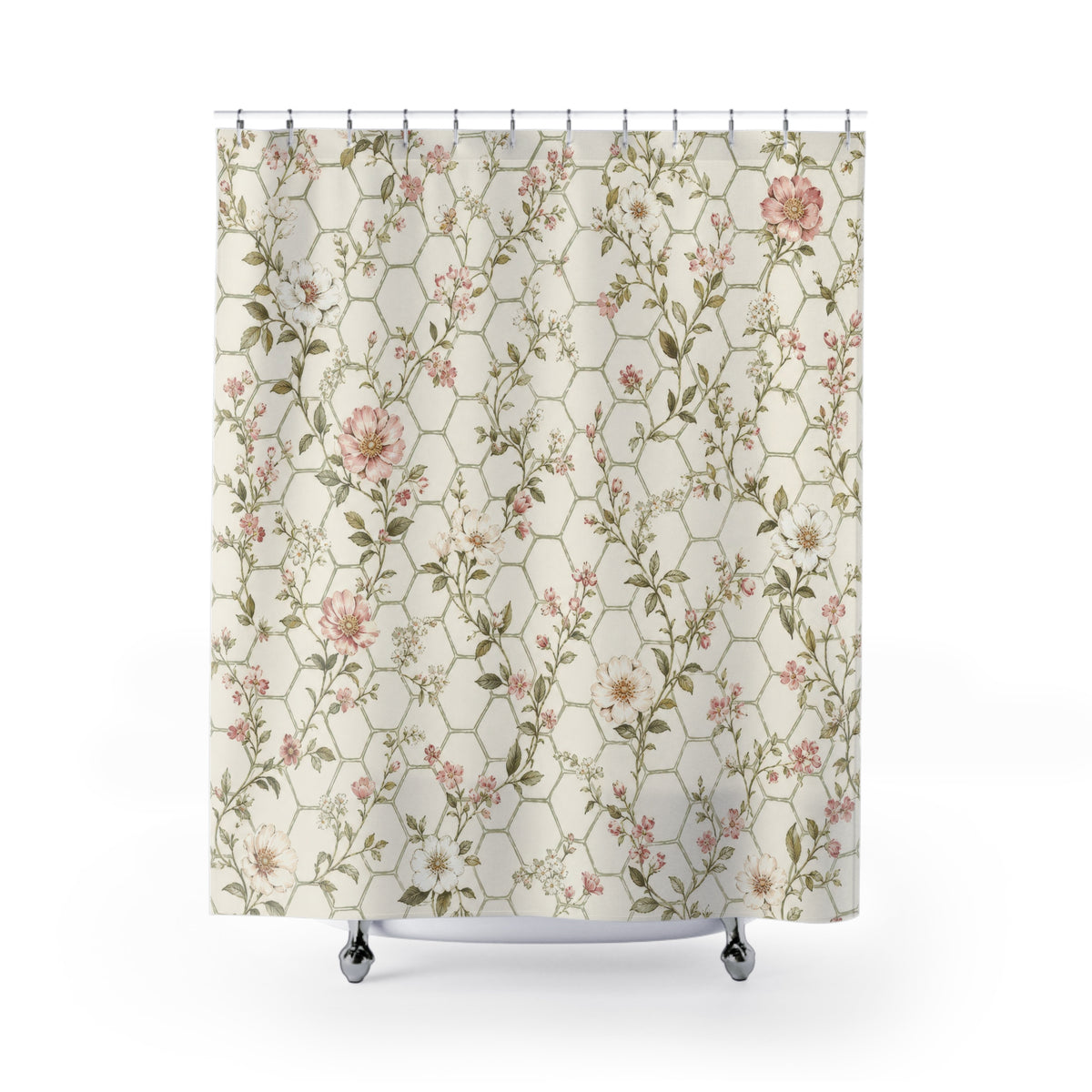 Pale Honeycomb Lattice Flower pink shower curtain with full front view