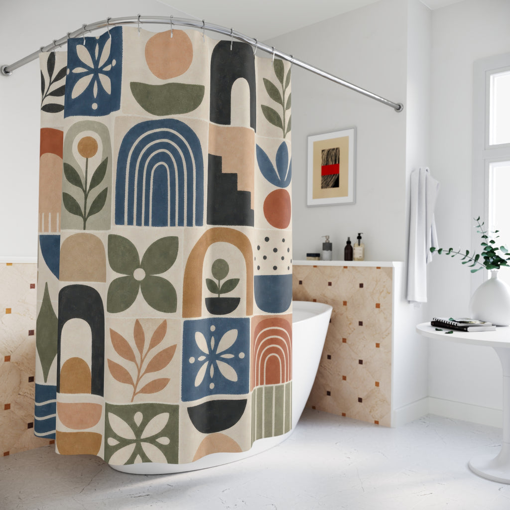 Mid Century Shower Curtain, Retro Arch Tile Pattern, Botanical Geometric Bath Decor, Blue Terracotta Green Modern Bathroom Art, Playful