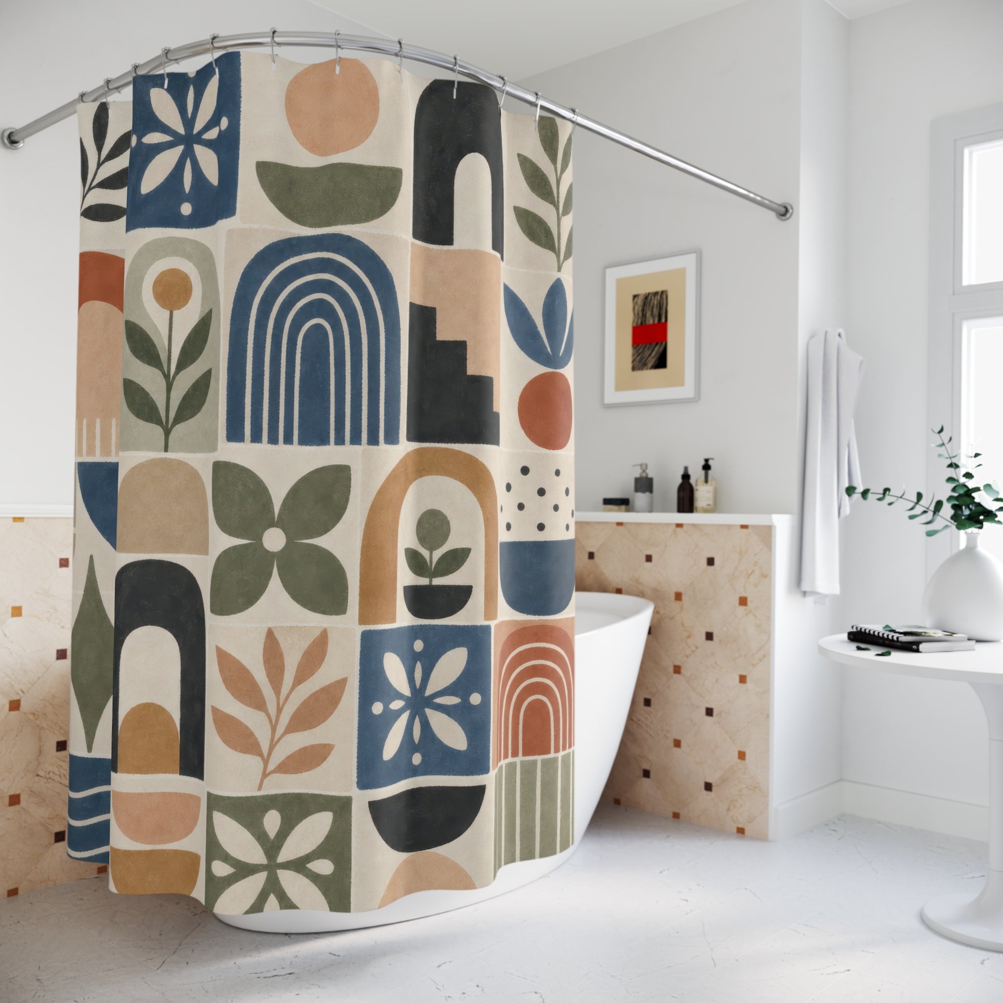 Mid Century Shower Curtain, Retro Arch Tile Pattern, Botanical Geometric Bath Decor, Blue Terracotta Green Modern Bathroom Art, Playful