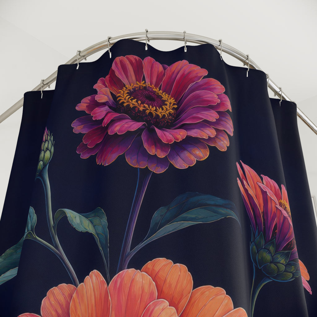 Midnight zinnias on deep indigo shower curtain with close-up print, hooks, and folds