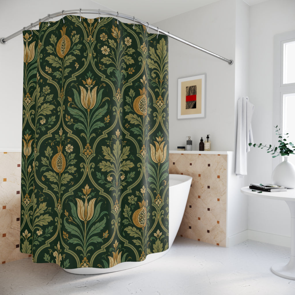 Dark green Jacobean ogee floral shower curtain beside a freestanding tub