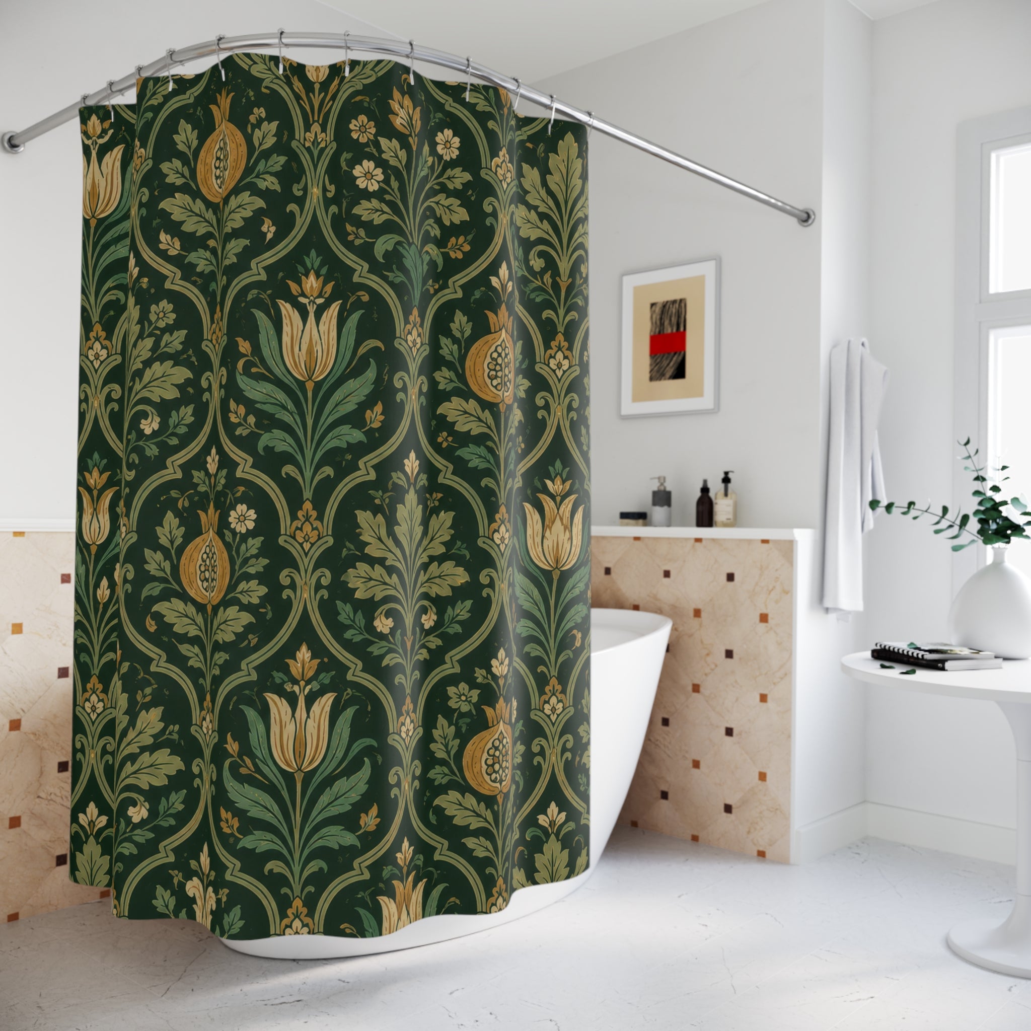 Dark green Jacobean ogee floral shower curtain beside a freestanding tub