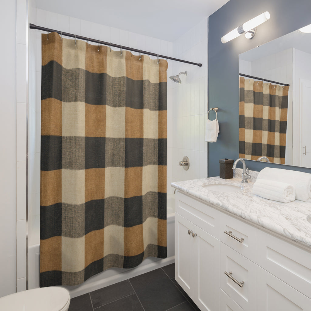 Buffalo Check Shower Curtain, Black Tan Brown Plaid Pattern, Rustic Farmhouse Bathroom Decor, Lodge Guest Bath Cabin Style