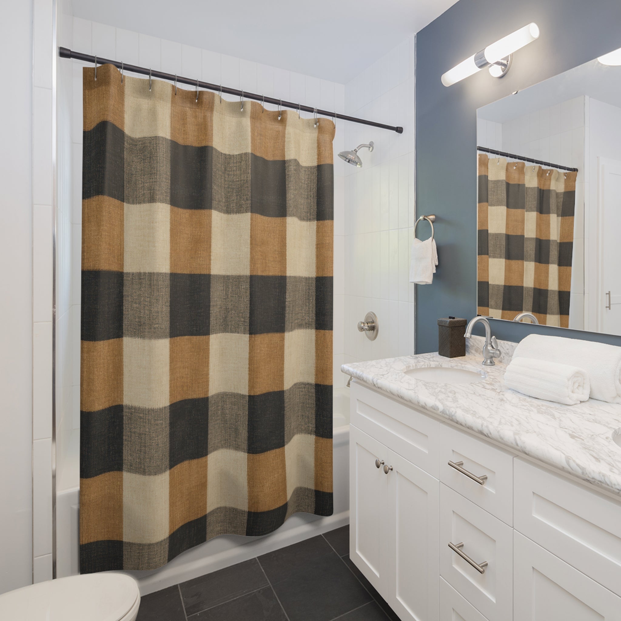 Buffalo Check Shower Curtain, Black Tan Brown Plaid Pattern, Rustic Farmhouse Bathroom Decor, Lodge Guest Bath Cabin Style