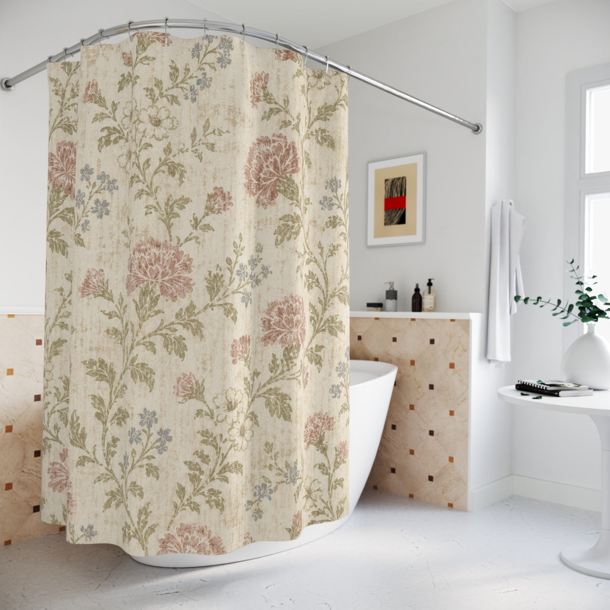Pink Botanical Flower cottage floral shower curtain beside a freestanding tub