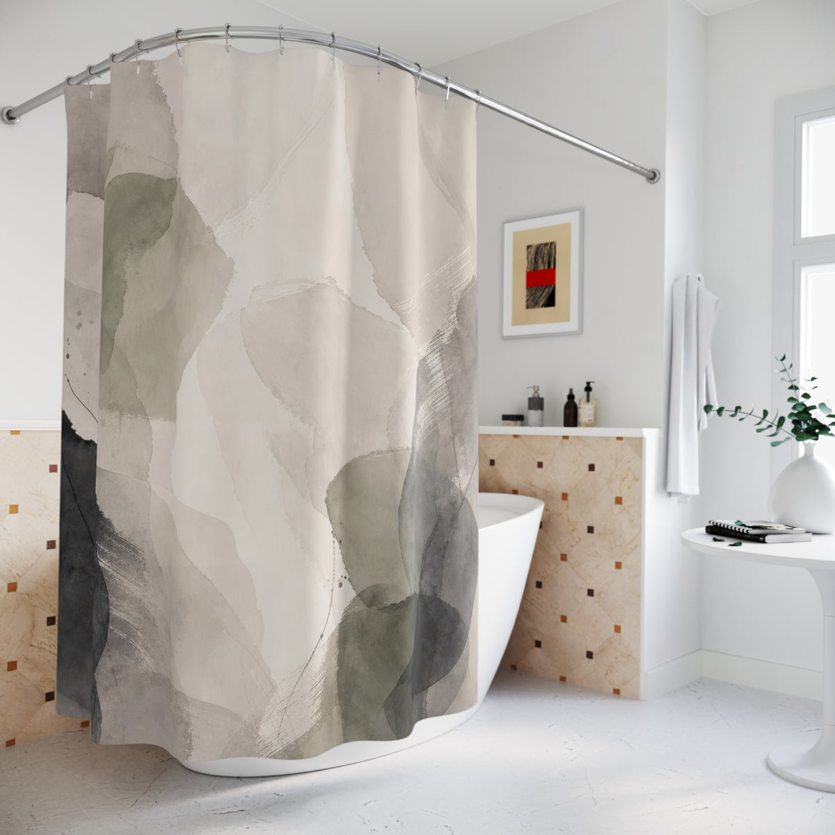 Black Beige Watercolor Stone Shower Curtain