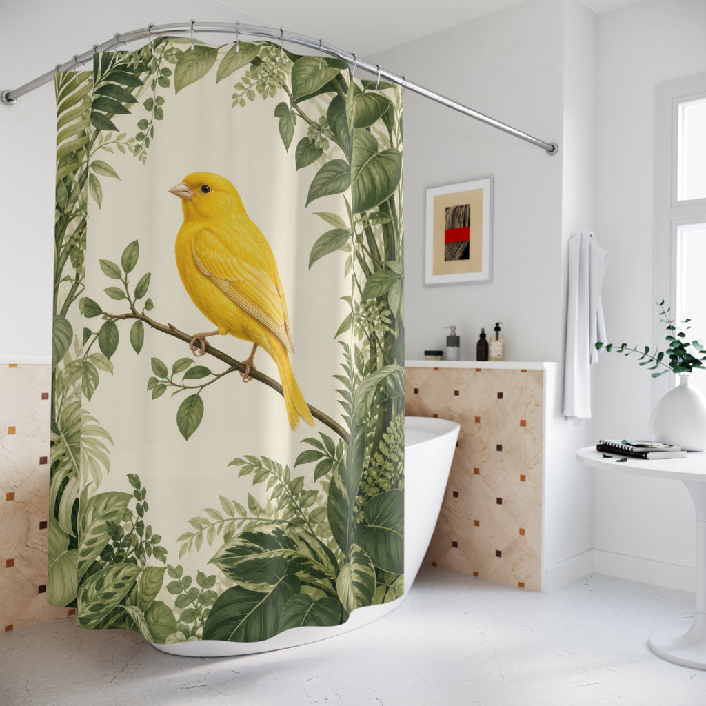 Yellow canary framed by layered tropical green leaves shower curtain beside a freestanding tub