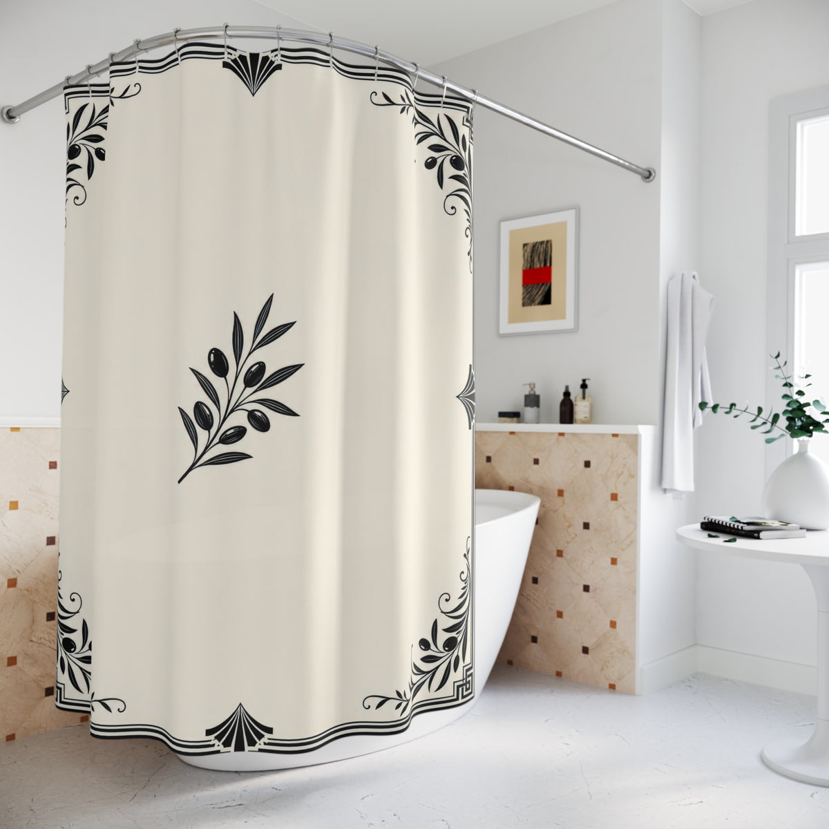 Black Border Ivory Botanical Corner Frame shower curtain beside a freestanding tub