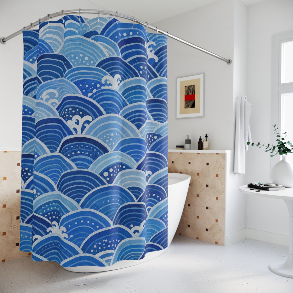 Blue Seigaiha Wave Shower Curtain, Blue Aqua Coastal Bathroom Decor, Wave Pattern Bath Curtain, Guest Bath Decor, Small Bathroom Decor