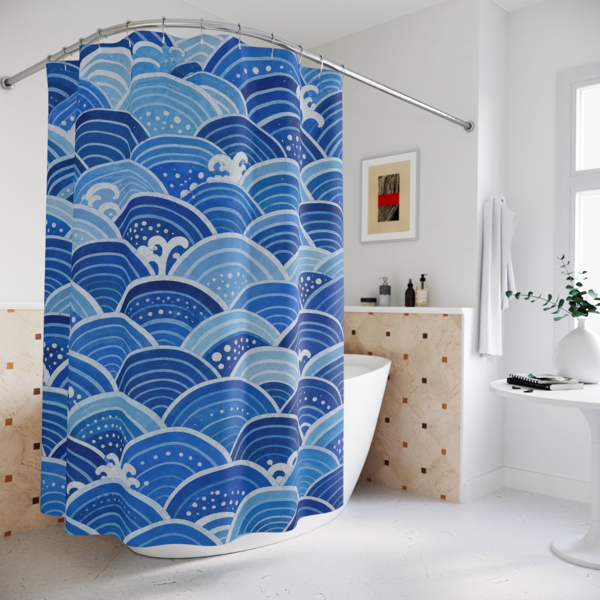 Blue Seigaiha Wave Shower Curtain, Blue Aqua Coastal Bathroom Decor, Wave Pattern Bath Curtain, Guest Bath Decor, Small Bathroom Decor