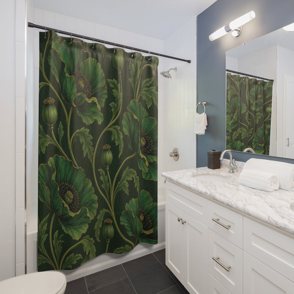 Green poppies and ochre lines on forest green shower curtain beside a white vanity