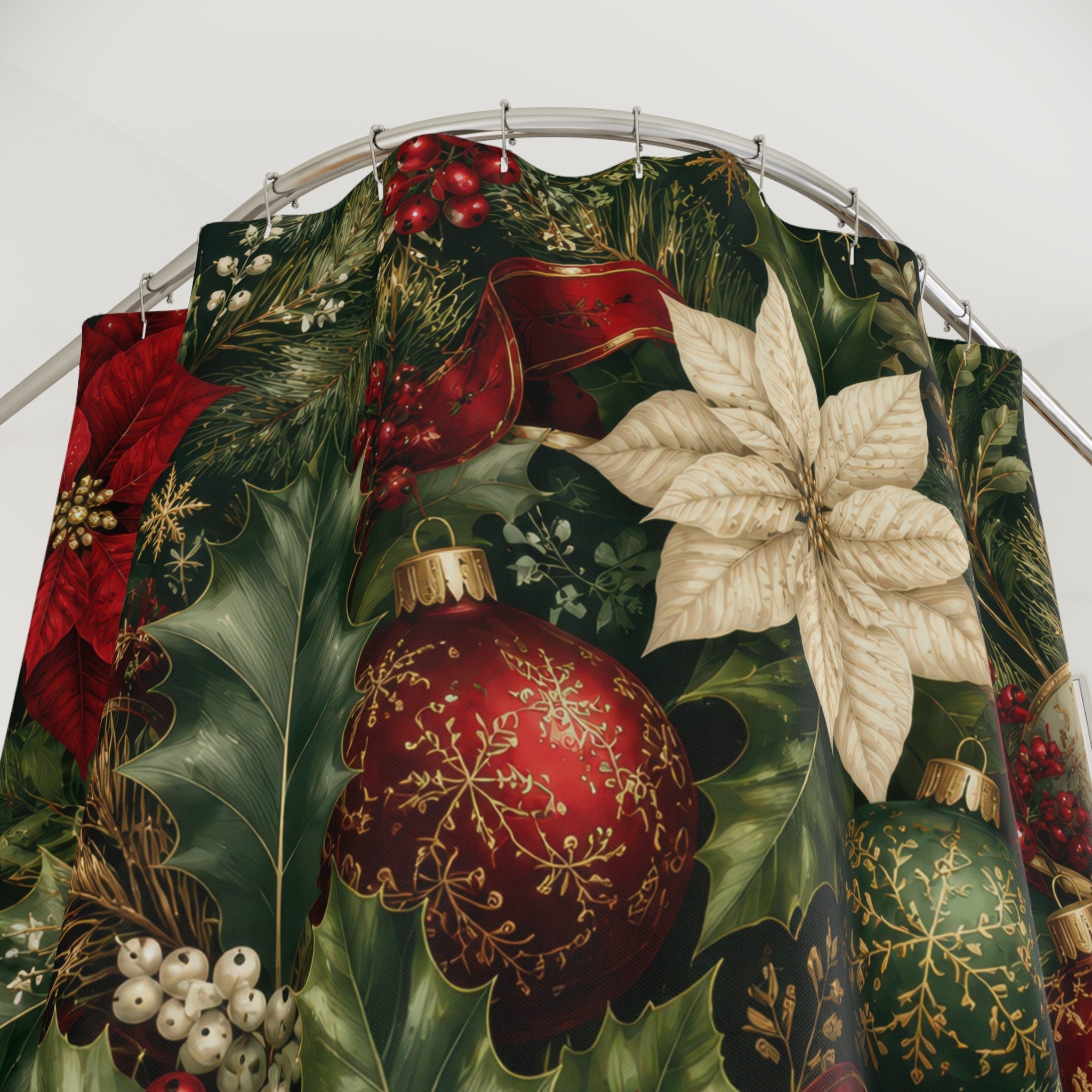 Christmas Shower Curtain: Red Green Gold Poinsettia