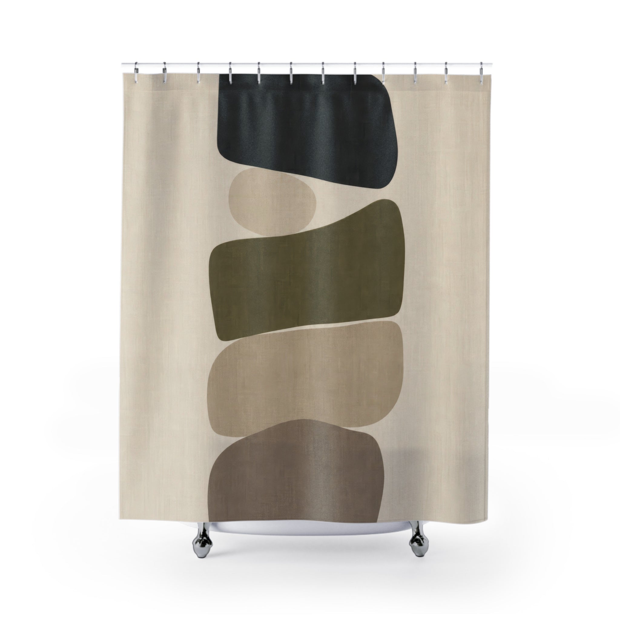 Abstract Shower Curtain, Charcoal Olive Minimal Shapes, Green Beige Bathroom Decor, Modern Neutral Guest Bath Organic Style
