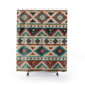 Terracotta and turquoise stepped diamonds on warm beige shower curtain with full front view