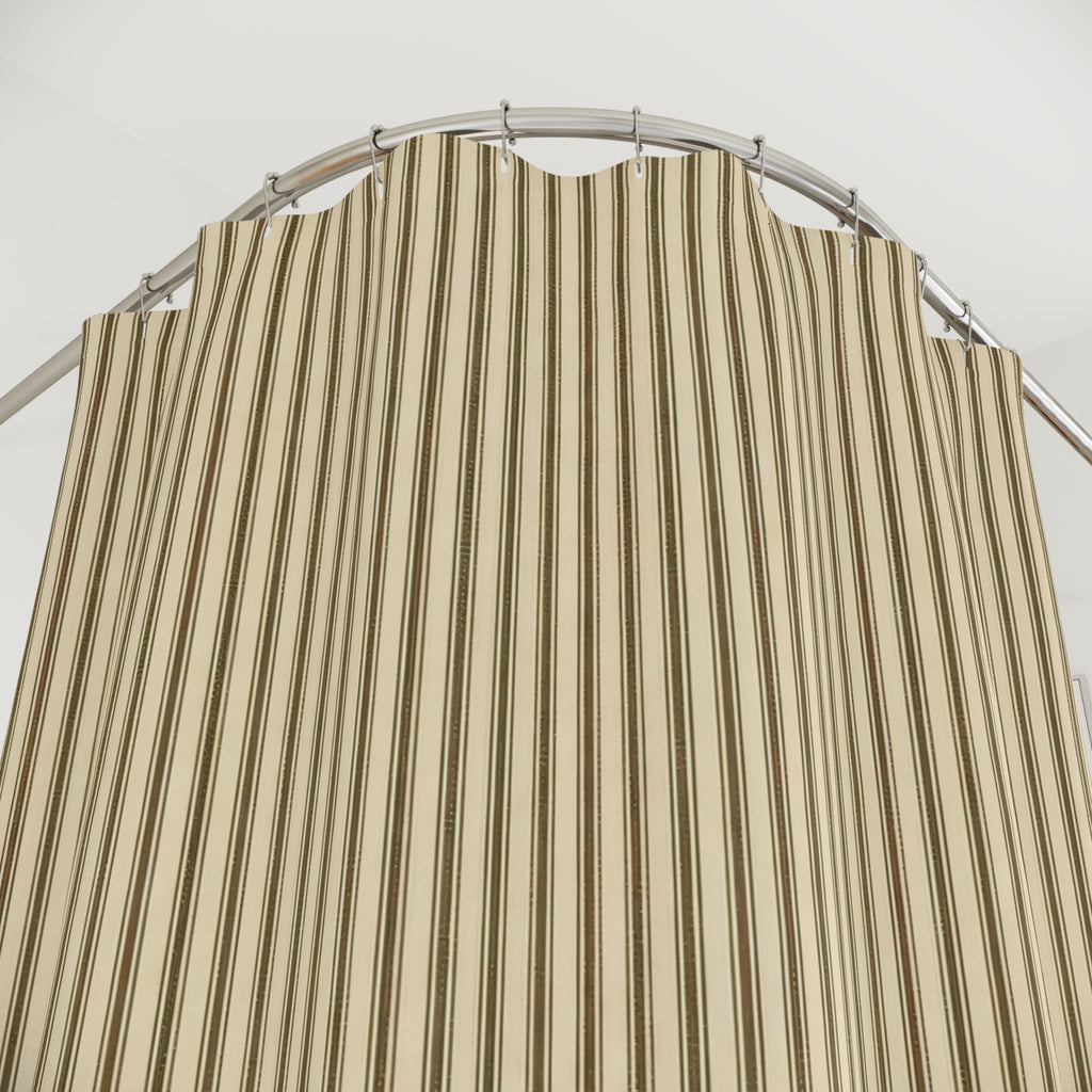 Ticking Stripe Shower Curtain, Tan Cream Farmhouse Bath Decor, Dense Beige Vertical Line Pattern, Warm Neutral Guest Bathroom Style