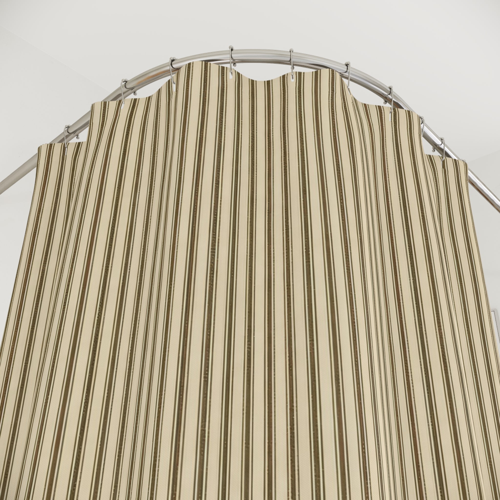 Ticking Stripe Shower Curtain, Tan Cream Farmhouse Bath Decor, Dense Beige Vertical Line Pattern, Warm Neutral Guest Bathroom Style