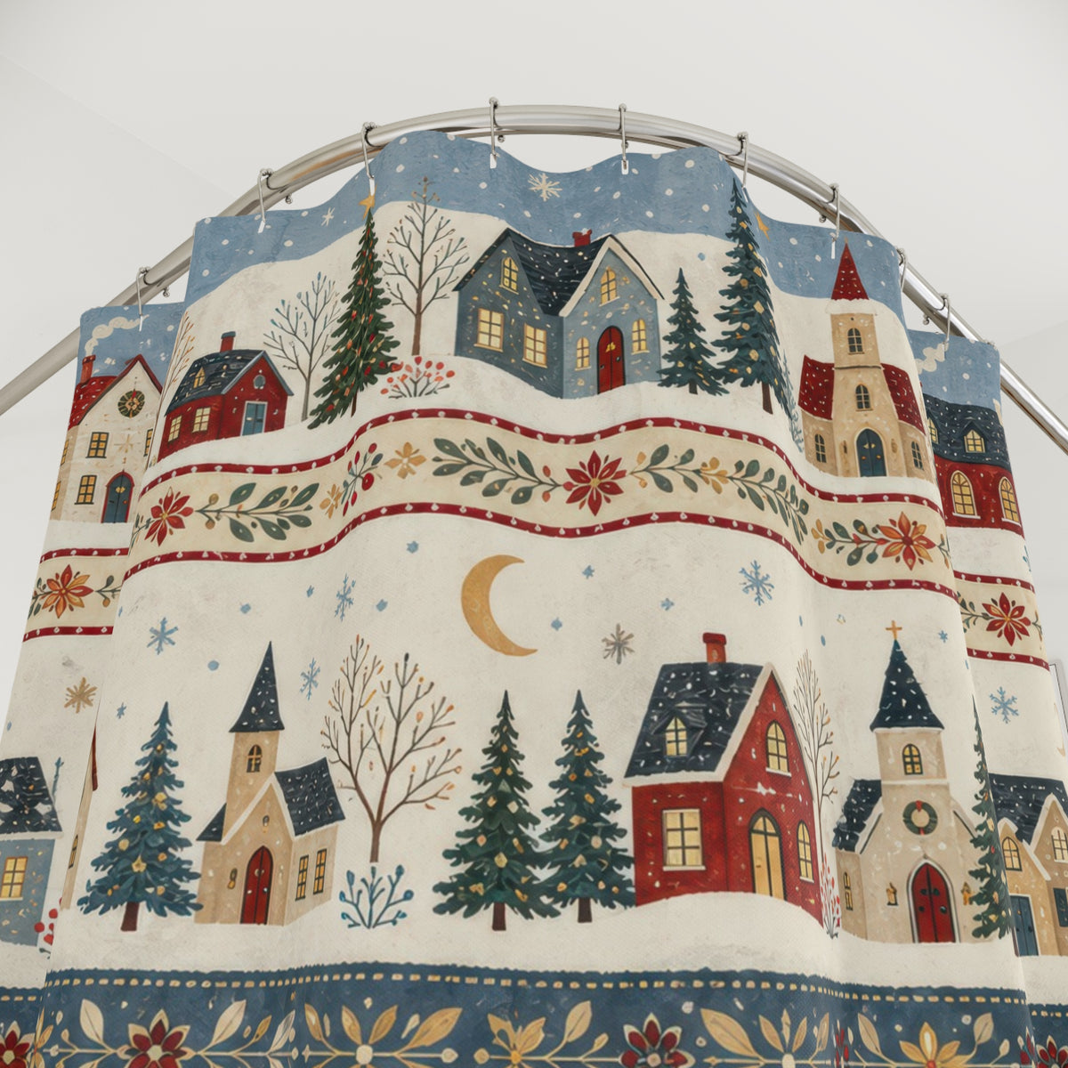 Winter Village Cottage Stripe christmas shower curtain with close-up print, hooks, and folds