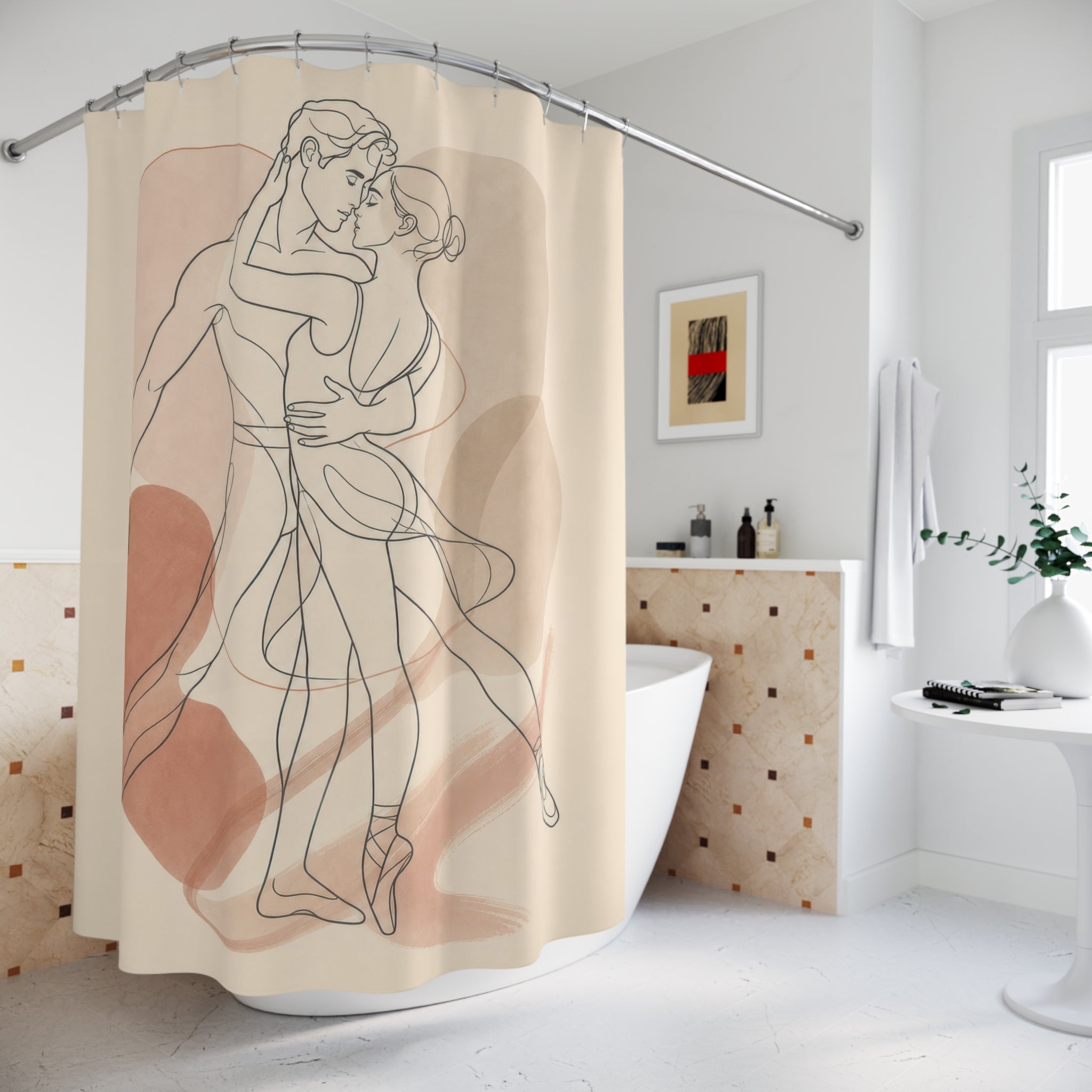 Line Art Shower Curtain, Embracing Couple Figure Pattern, Beige Rust Bathroom Decor, Modern Guest Bath Romantic Art Style