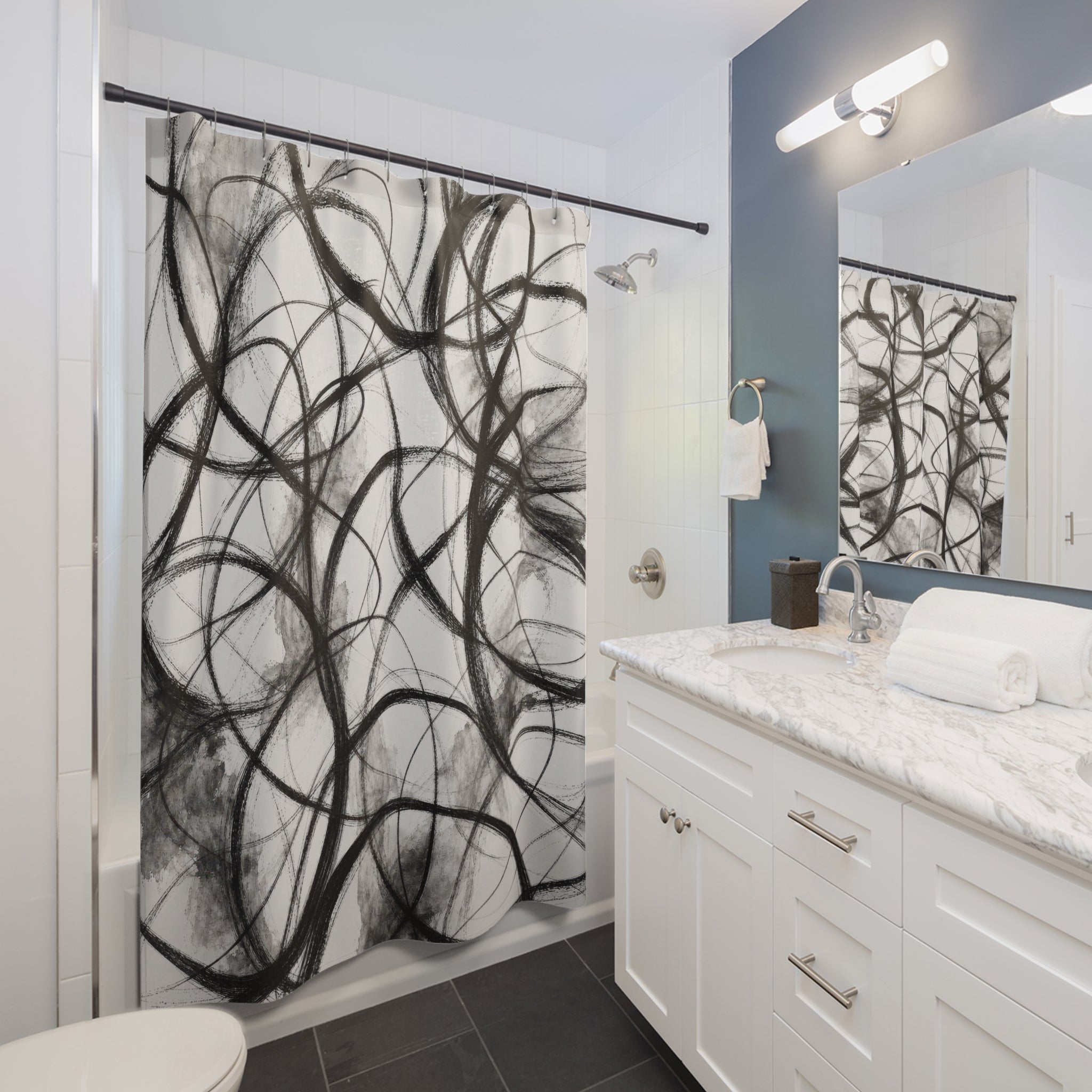 Black White Scribble Line Shower Curtain