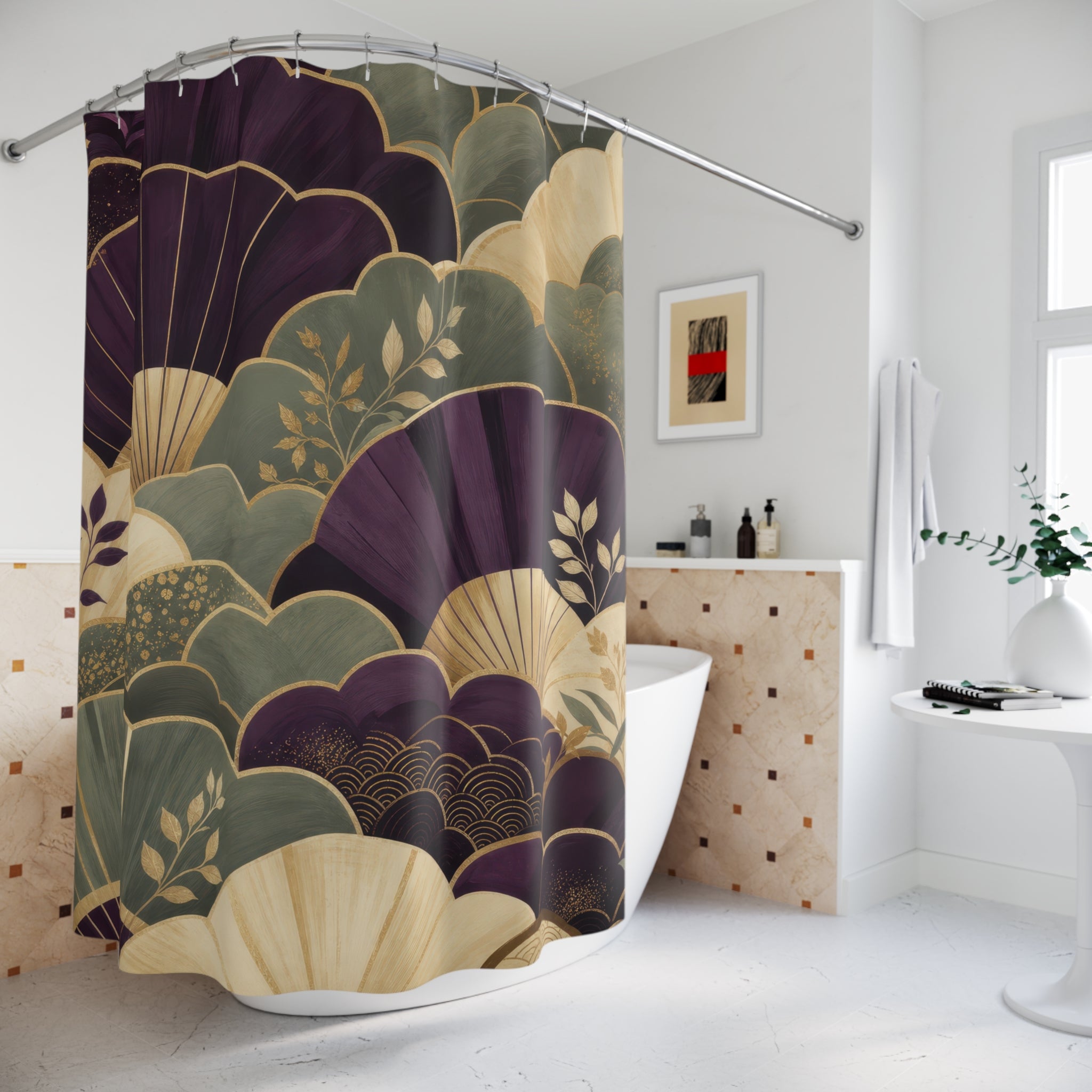 Aubergine & Sage Art Deco Scalloped Shower Curtain