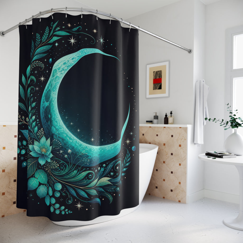 Turquoise crescent moon within a jade botanical arch shower curtain beside a freestanding tub