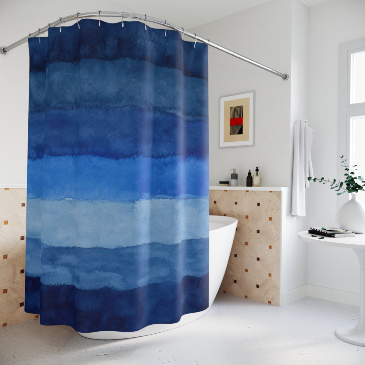 Navy Cobalt Horizontal Watercolor Bands shower curtain beside a freestanding tub