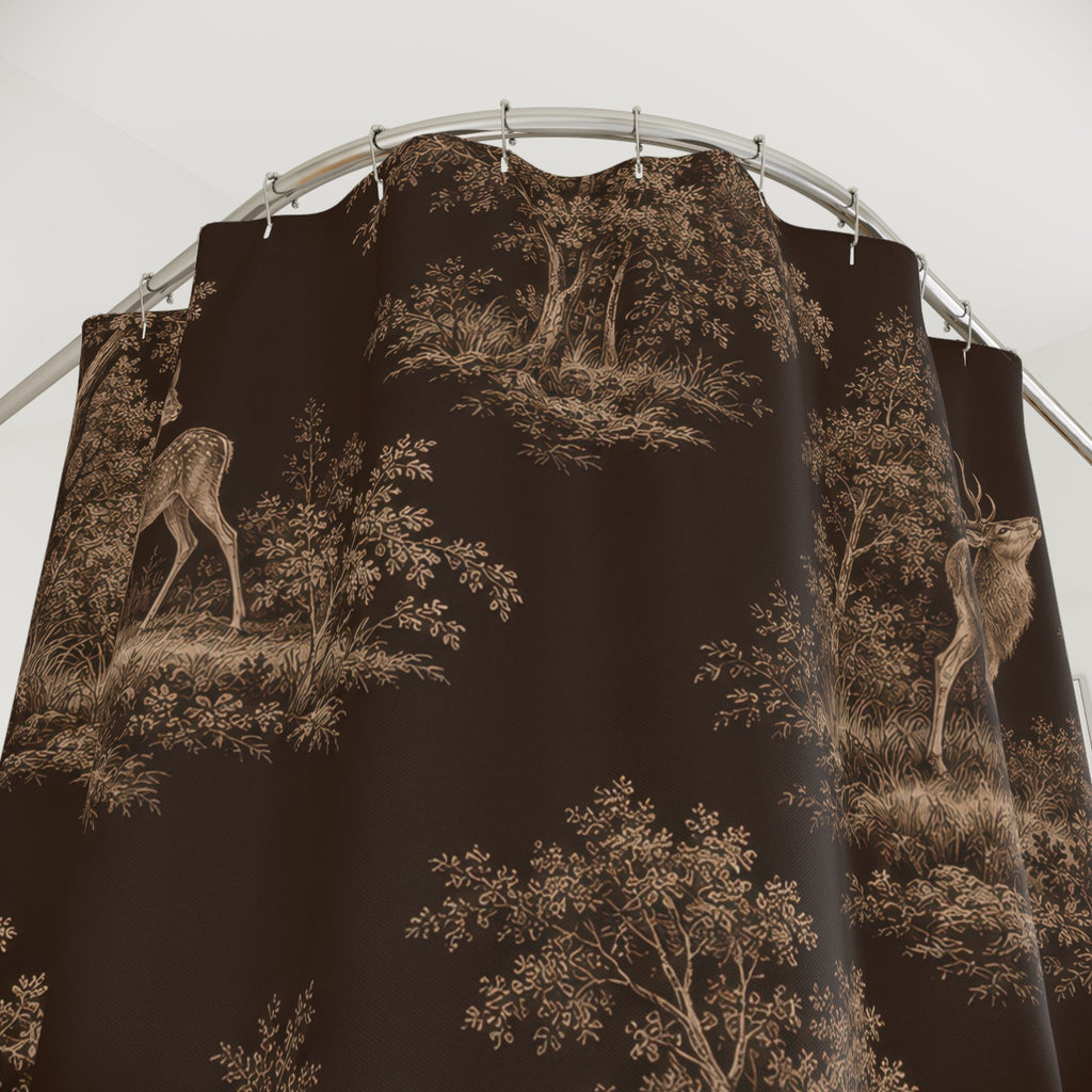 Beige deer and woodland trees on dark brown shower curtain with close-up print, hooks, and folds