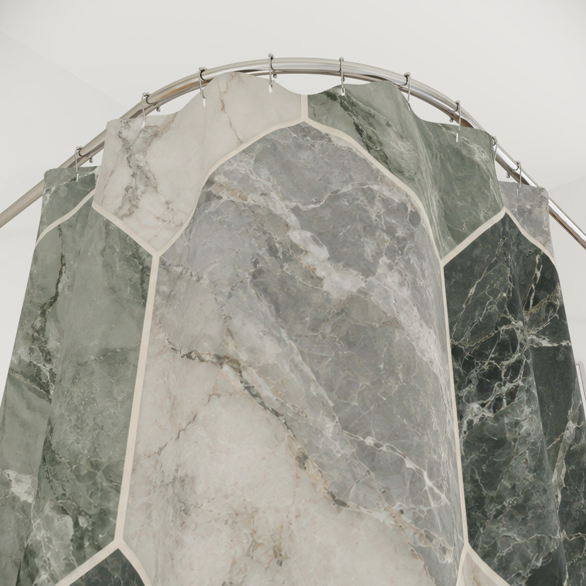 Sage, ivory and gray marble in elongated hexagons shower curtain with close-up print, hooks, and folds
