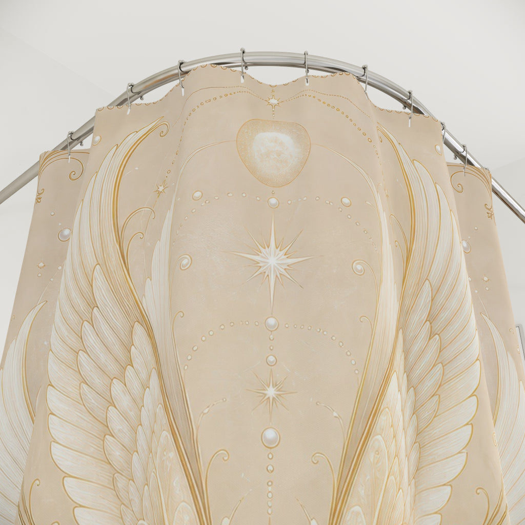 Celestial Wings Shower Curtain, White Gold Angel Bath Decor, Art Nouveau Feather Pattern, Elegant Cream Ivory Celestial Bathroom Decor
