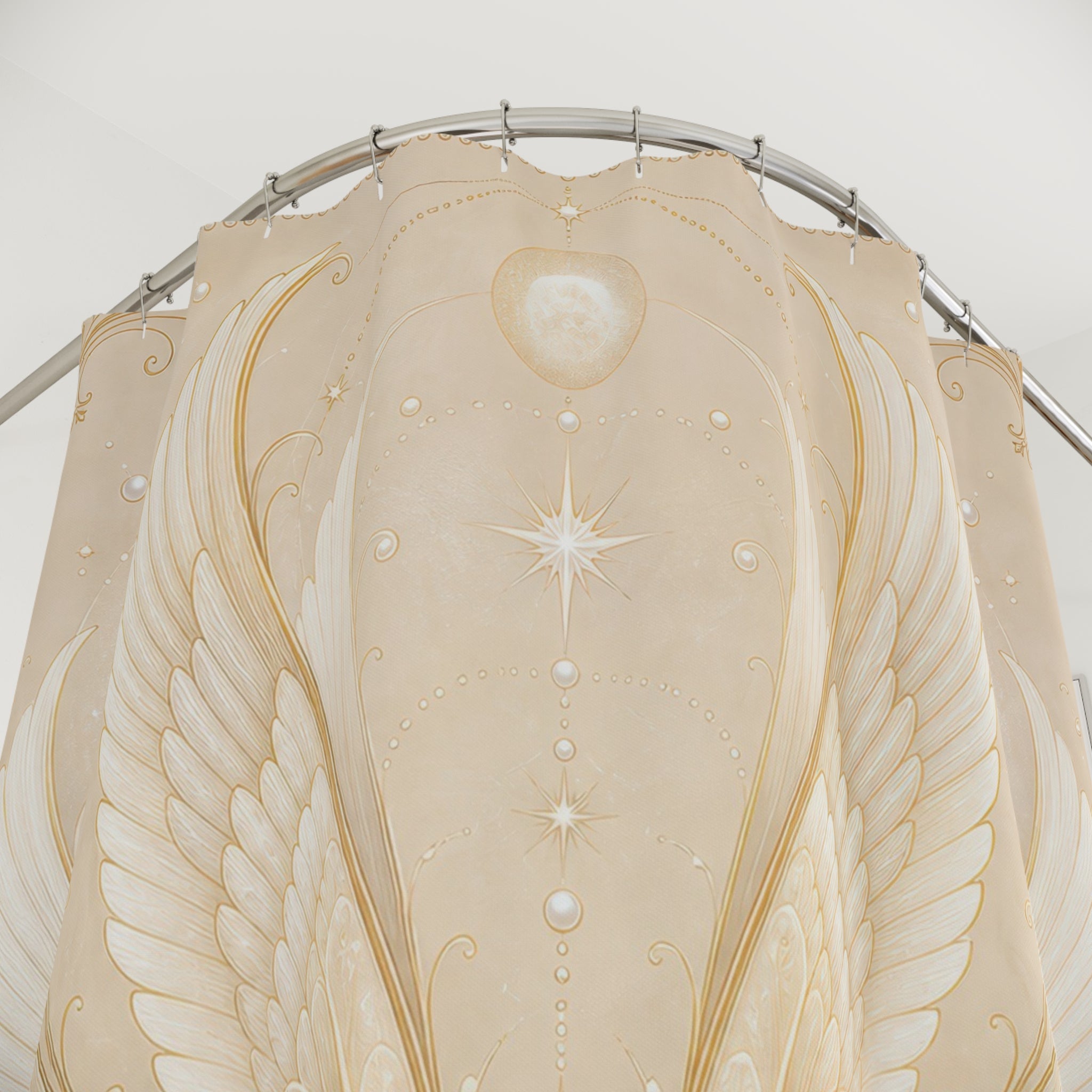 Celestial Wings Shower Curtain, White Gold Angel Bath Decor, Art Nouveau Feather Pattern, Elegant Cream Ivory Celestial Bathroom Decor