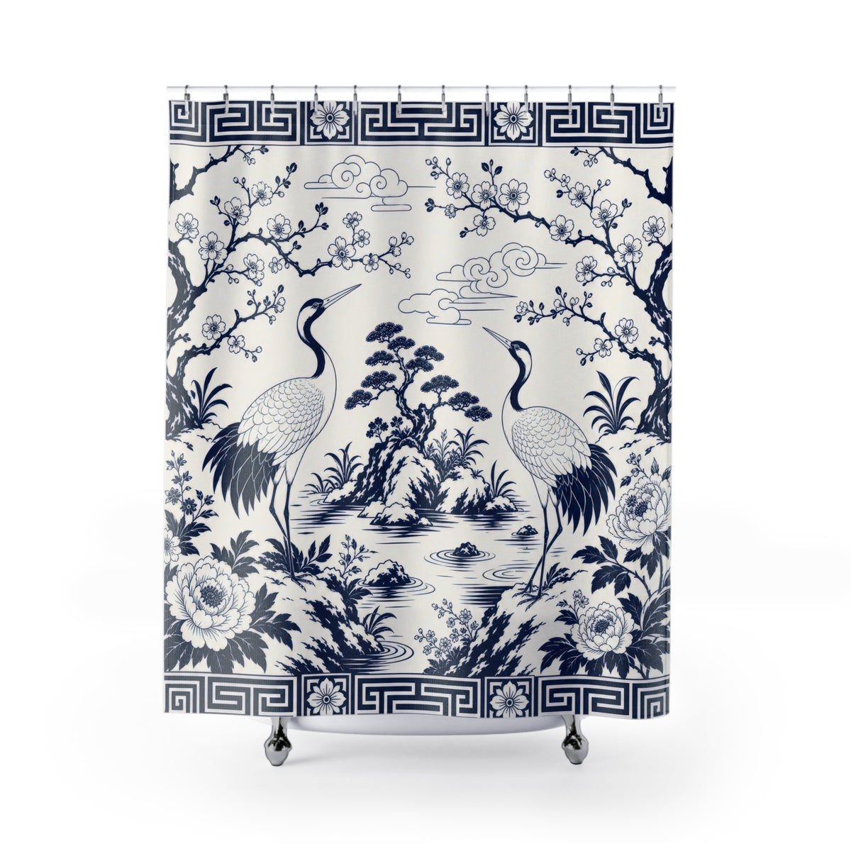 Navy Crane Garden blue white shower curtain with full front view