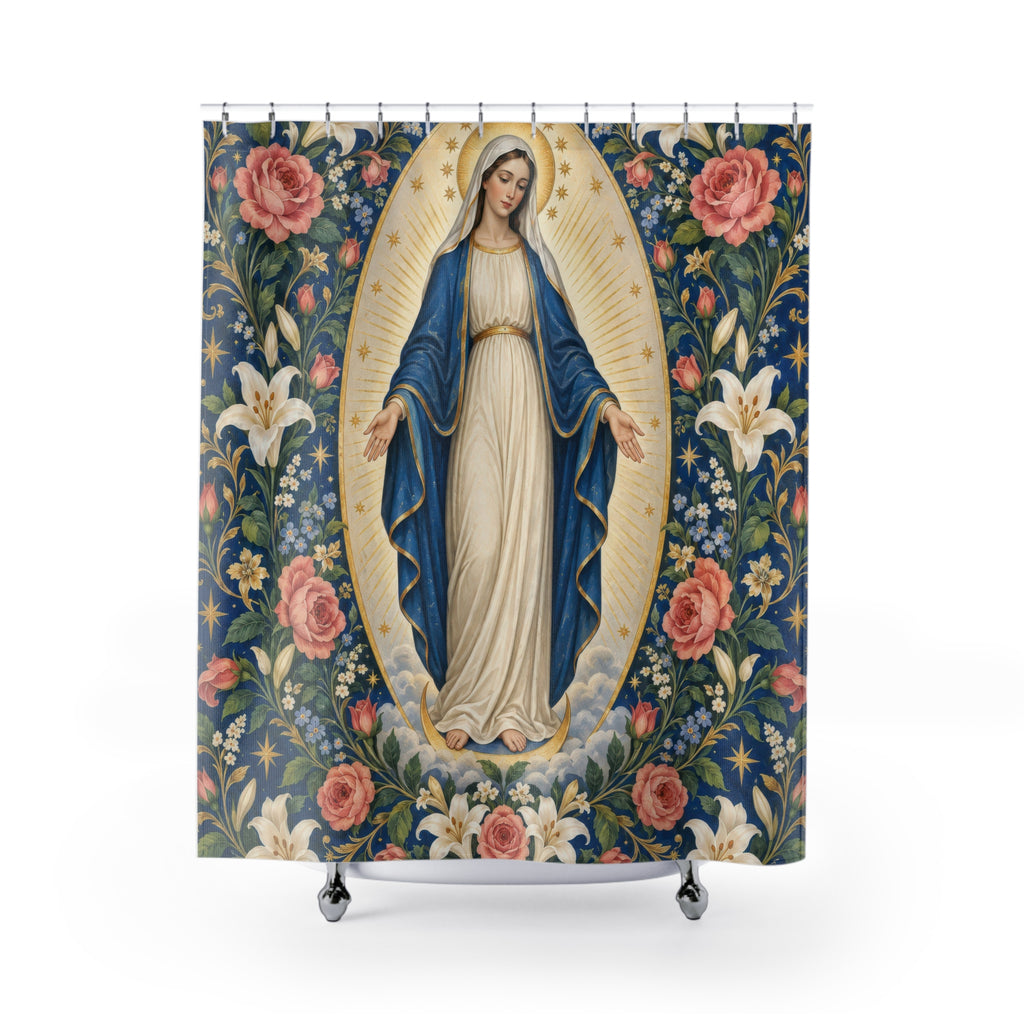 Virgin Mary with pink roses and white lilies shower curtain with full front view