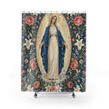 Virgin Mary with pink roses and white lilies shower curtain with full front view
