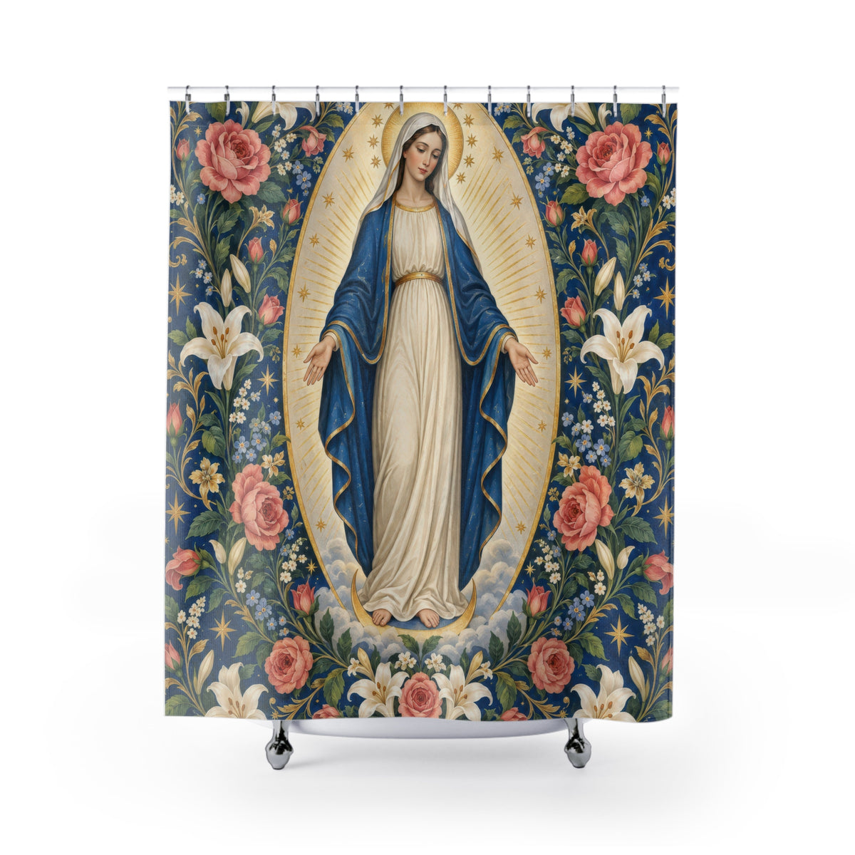Virgin Mary with pink roses and white lilies shower curtain with full front view