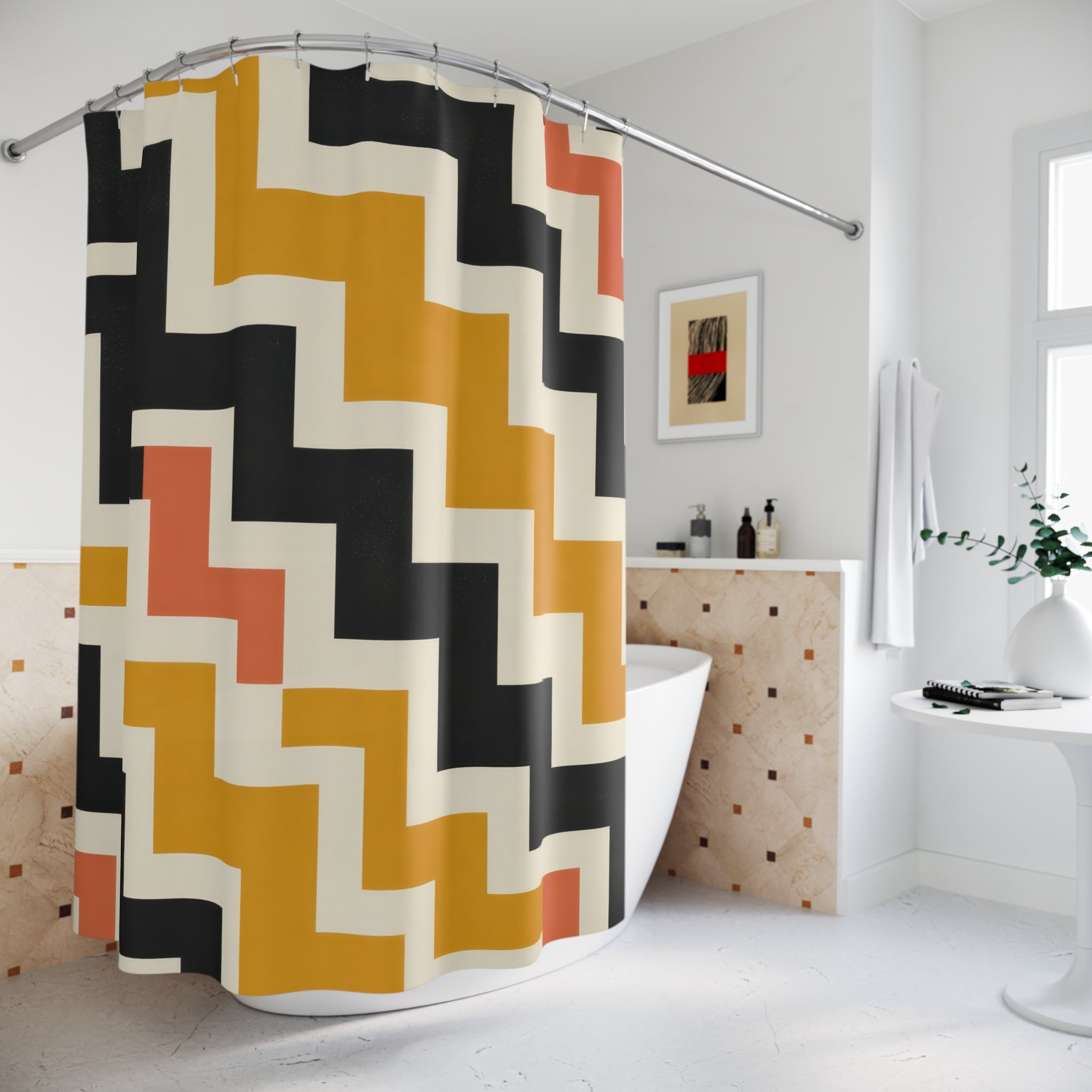 Mustard and black interlocking stepped zigzag labyrinth shower curtain beside a freestanding tub