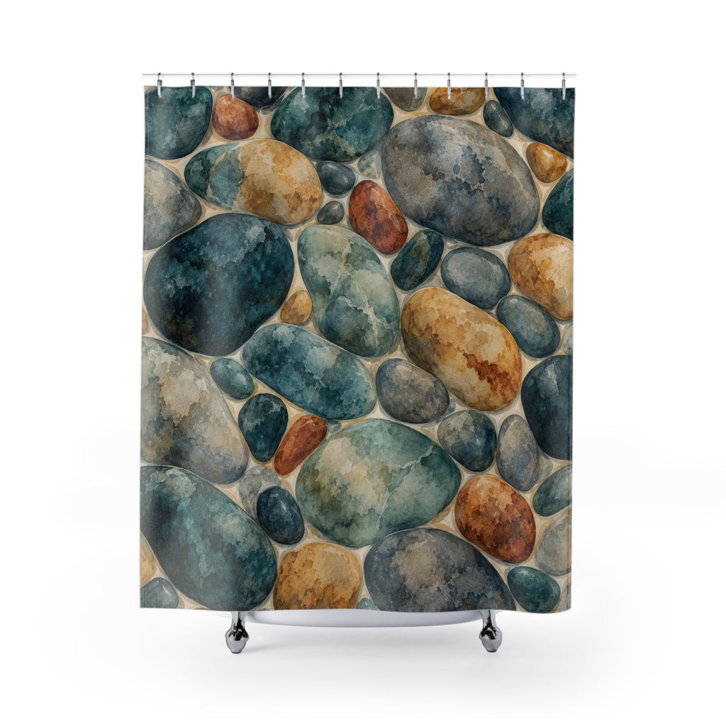 Teal, gray and ochre watercolor river stones shower curtain with full front view