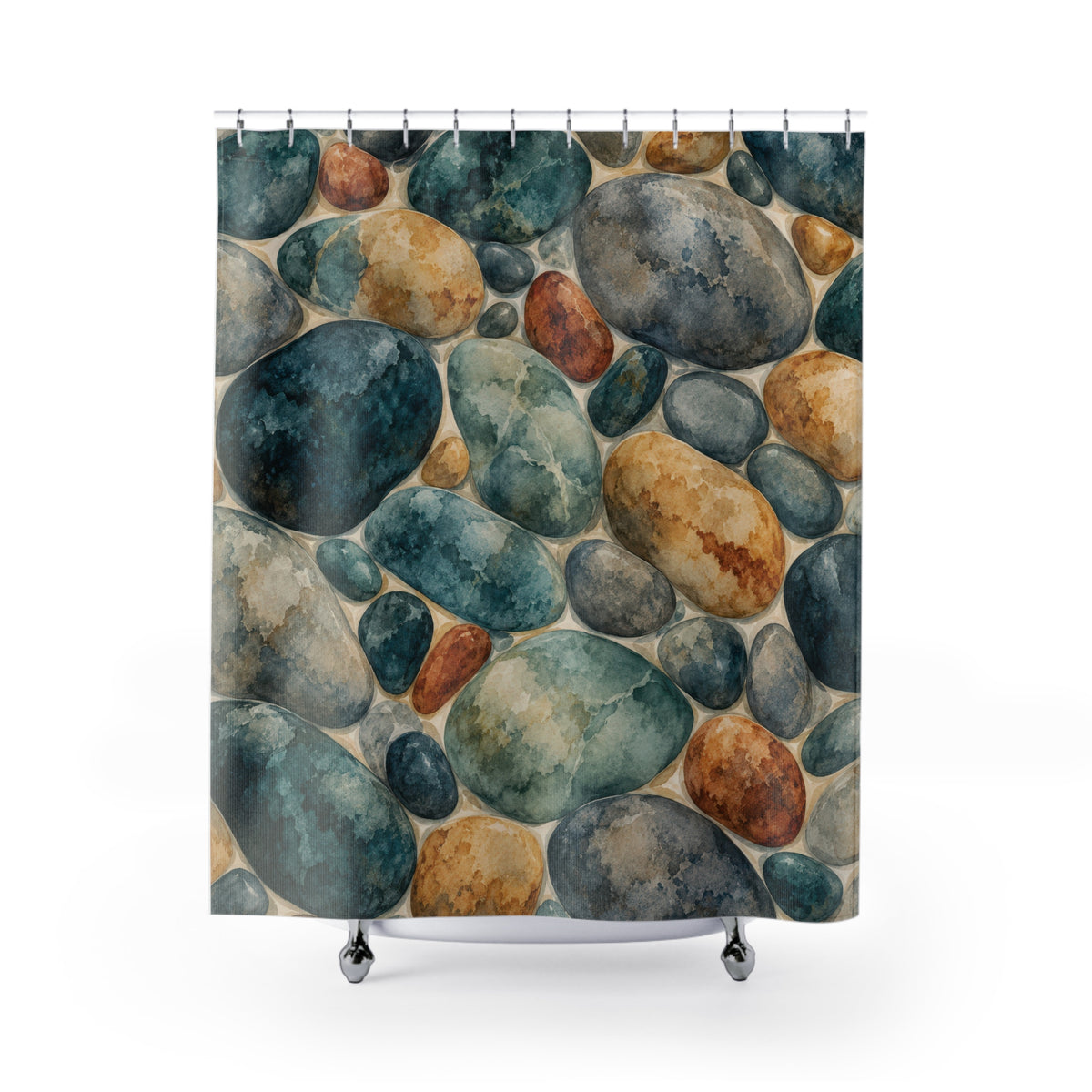 Teal, gray and ochre watercolor river stones shower curtain with full front view