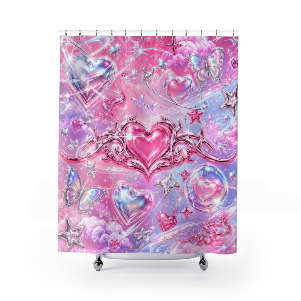Y2K Pink Shower Curtain: Chrome Heart Star Butterfly