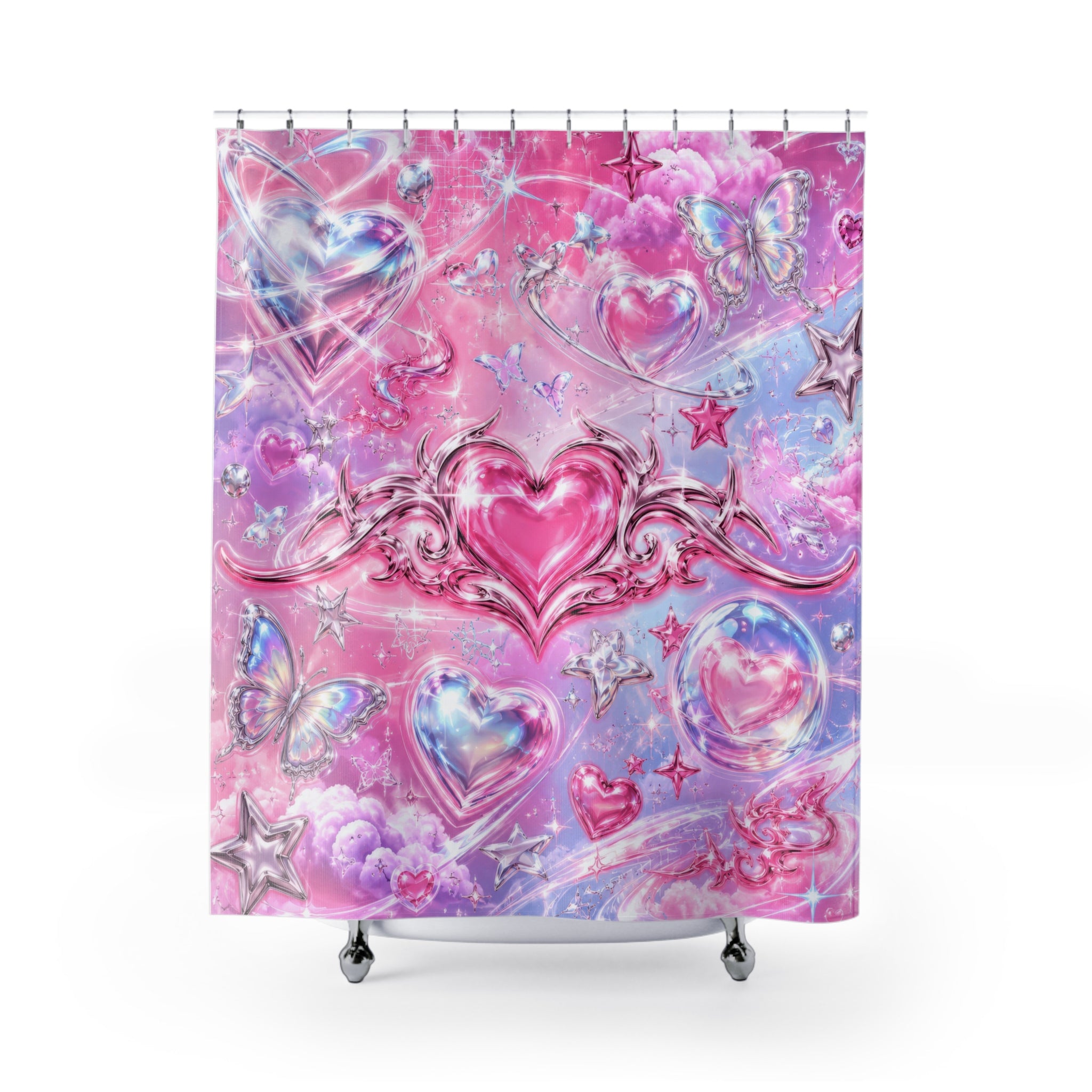 Y2K Pink Shower Curtain: Chrome Heart Star Butterfly