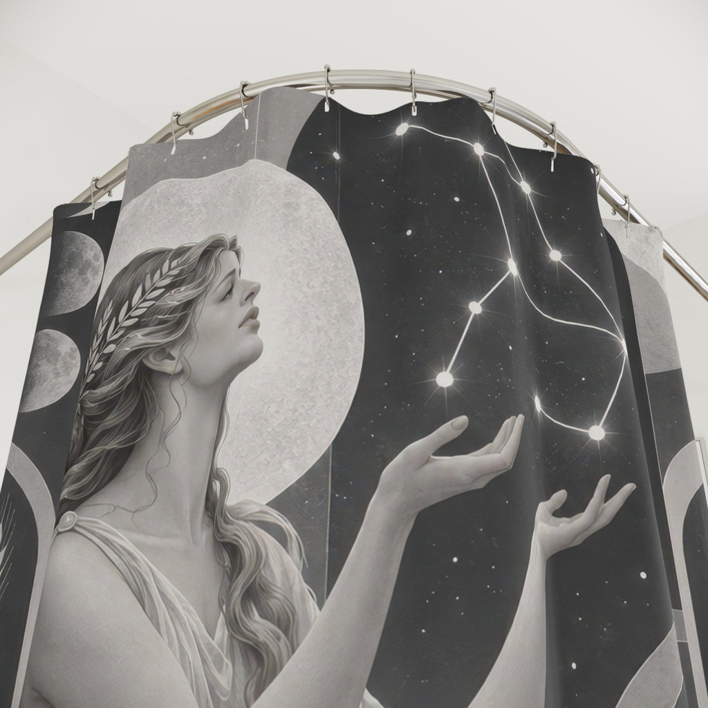 Grey and white Virgo maiden among geometric arches shower curtain with close-up print, hooks, and folds
